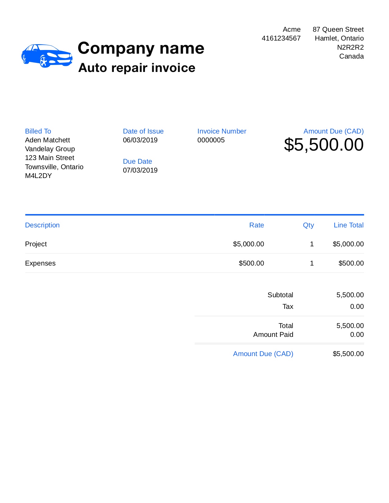 Free Auto Repair Invoice Template Customize And Send In 90 Seconds