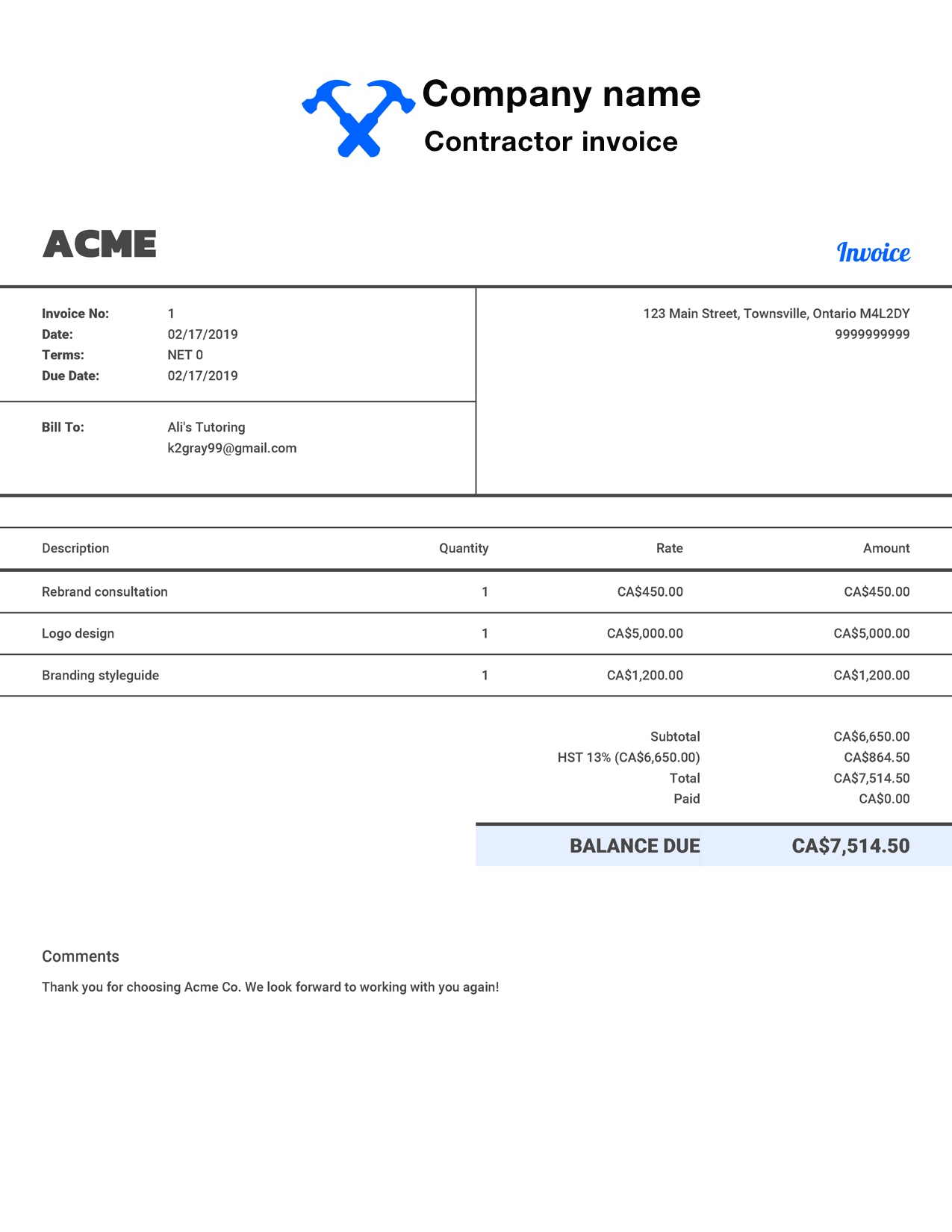 contractor invoice template free