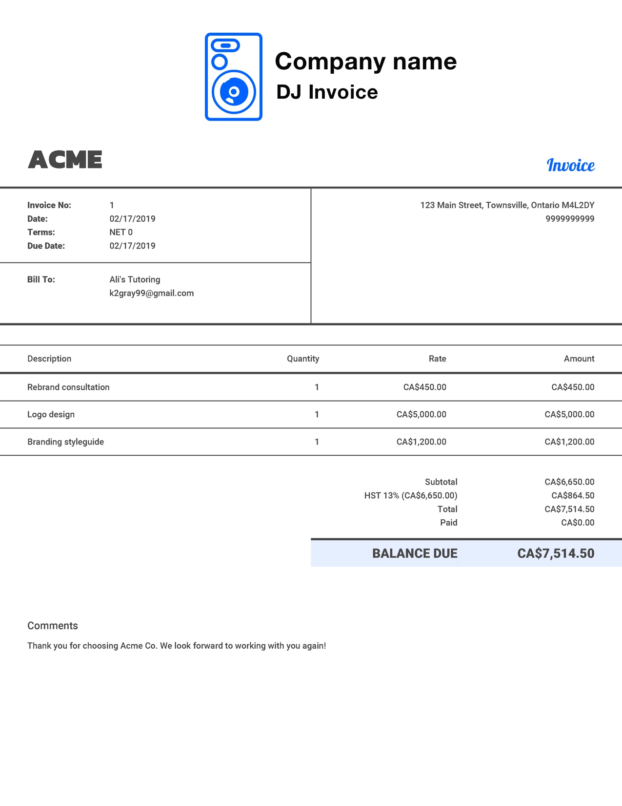 free dj invoice template customize and send in 90 seconds