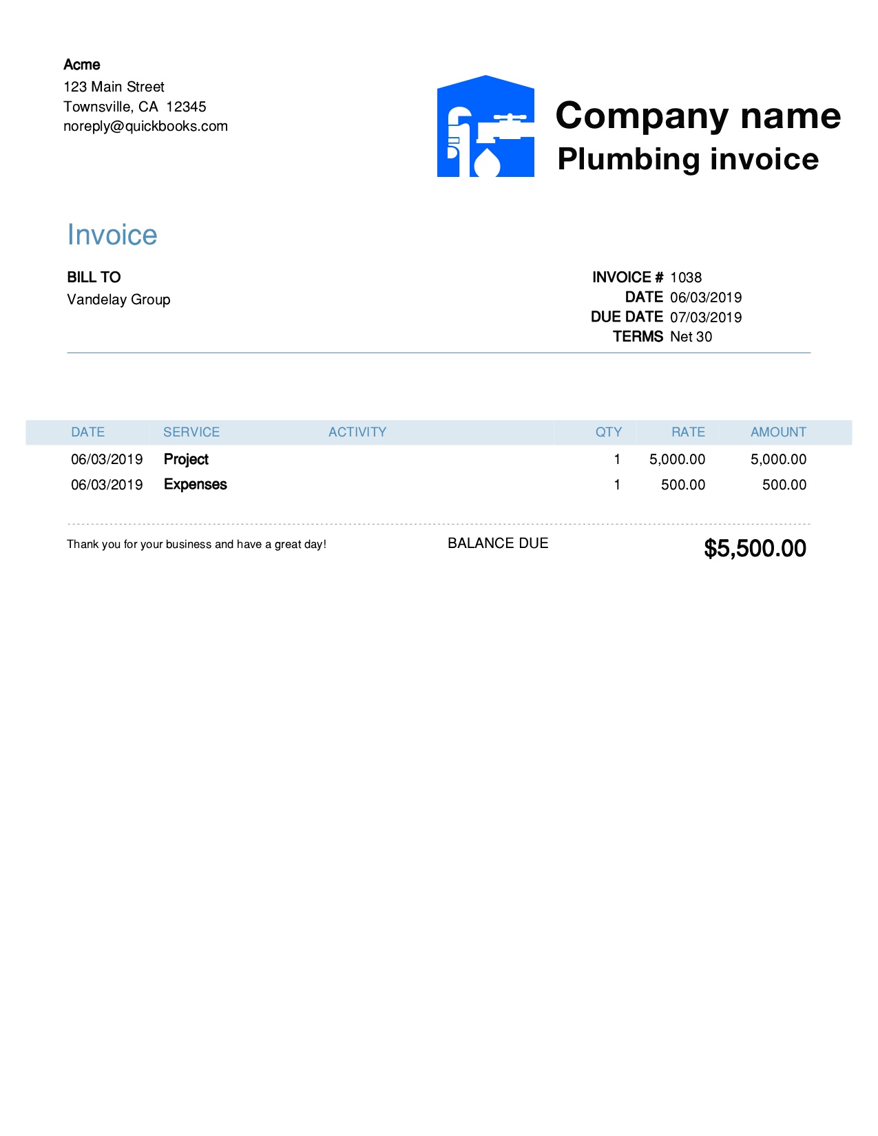 plumbing invoices